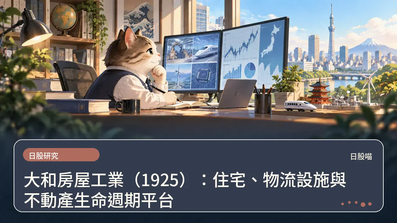 大和房屋工業（1925）：住宅、物流設施與不動產生命週期平台主題插畫