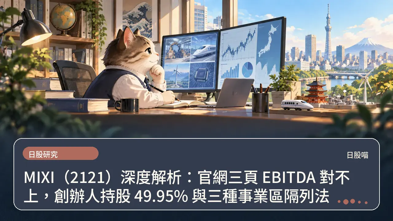 MIXI(2121)深度解析:官網三頁 EBITDA 對不上,創辦人持股 49.95% 與三種事業區隔列法主題插畫