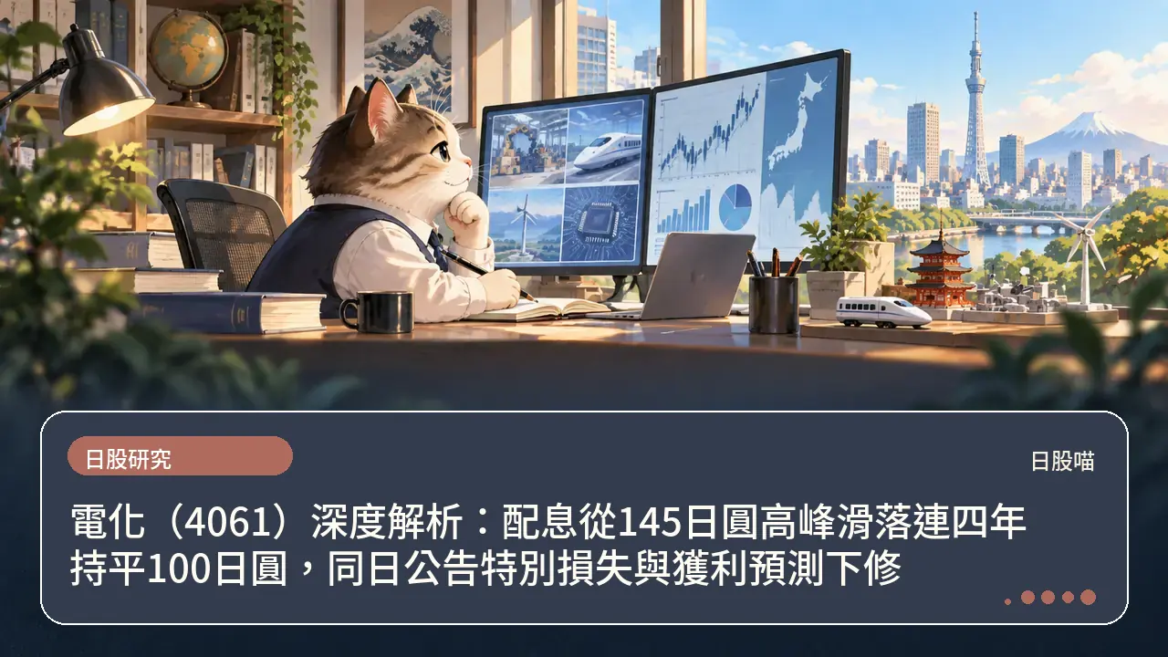 電化（4061）深度解析：配息從145日圓高峰滑落連四年持平100日圓，同日公告特別損失與獲利預測下修主題插畫