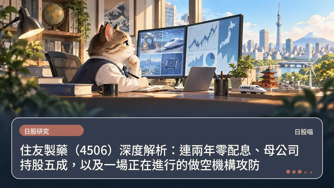 住友製藥(4506)深度解析:連兩年零配息、母公司持股五成,以及一場正在進行的做空機構攻防主題插畫