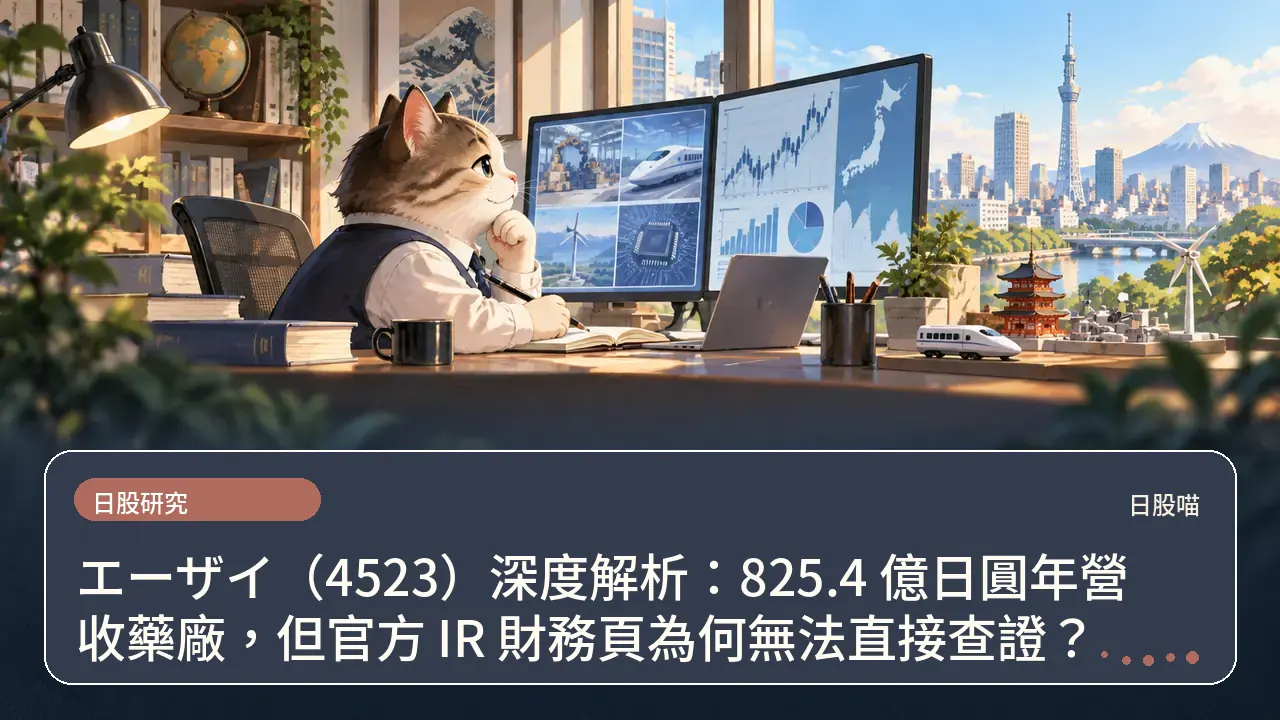 エーザイ（4523）深度解析：825.4 億日圓年營收藥廠，但官方 IR 財務頁為何無法直接查證？主題插畫