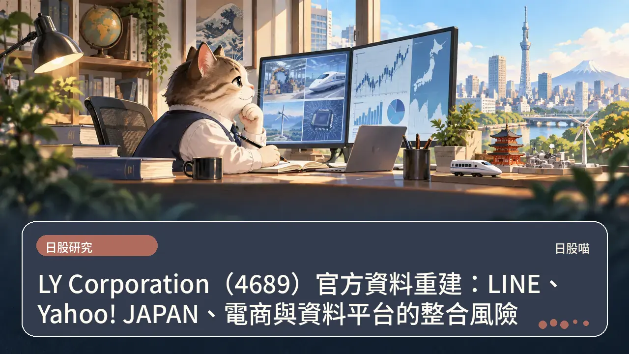 LY Corporation(4689)官方資料重建:LINE、Yahoo! JAPAN、電商與資料平台的整合風險主題插畫
