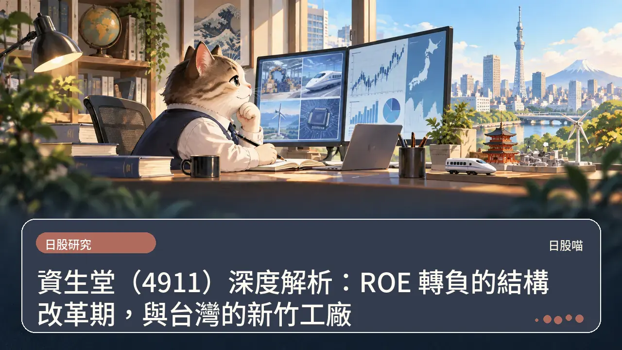 資生堂（4911）深度解析：ROE 轉負的結構改革期，與台灣的新竹工廠主題插畫