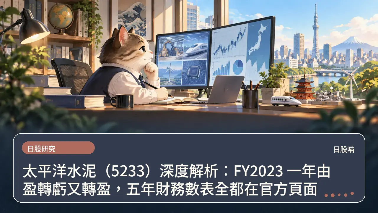 太平洋水泥(5233)深度解析:FY2023 一年由盈轉虧又轉盈,五年財務數表全都在官方頁面主題插畫