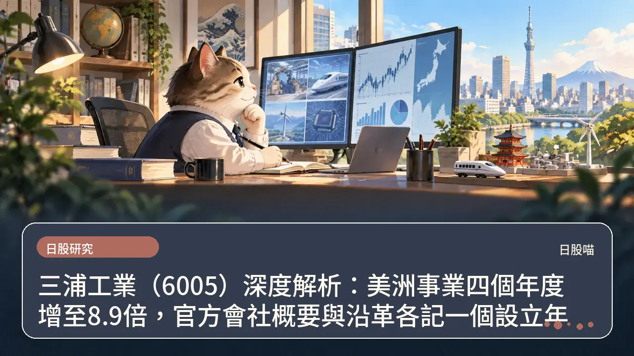 三浦工業（6005）深度解析：美洲事業四個年度增至8.9倍，官方會社概要與沿革各記一個設立年主題插畫