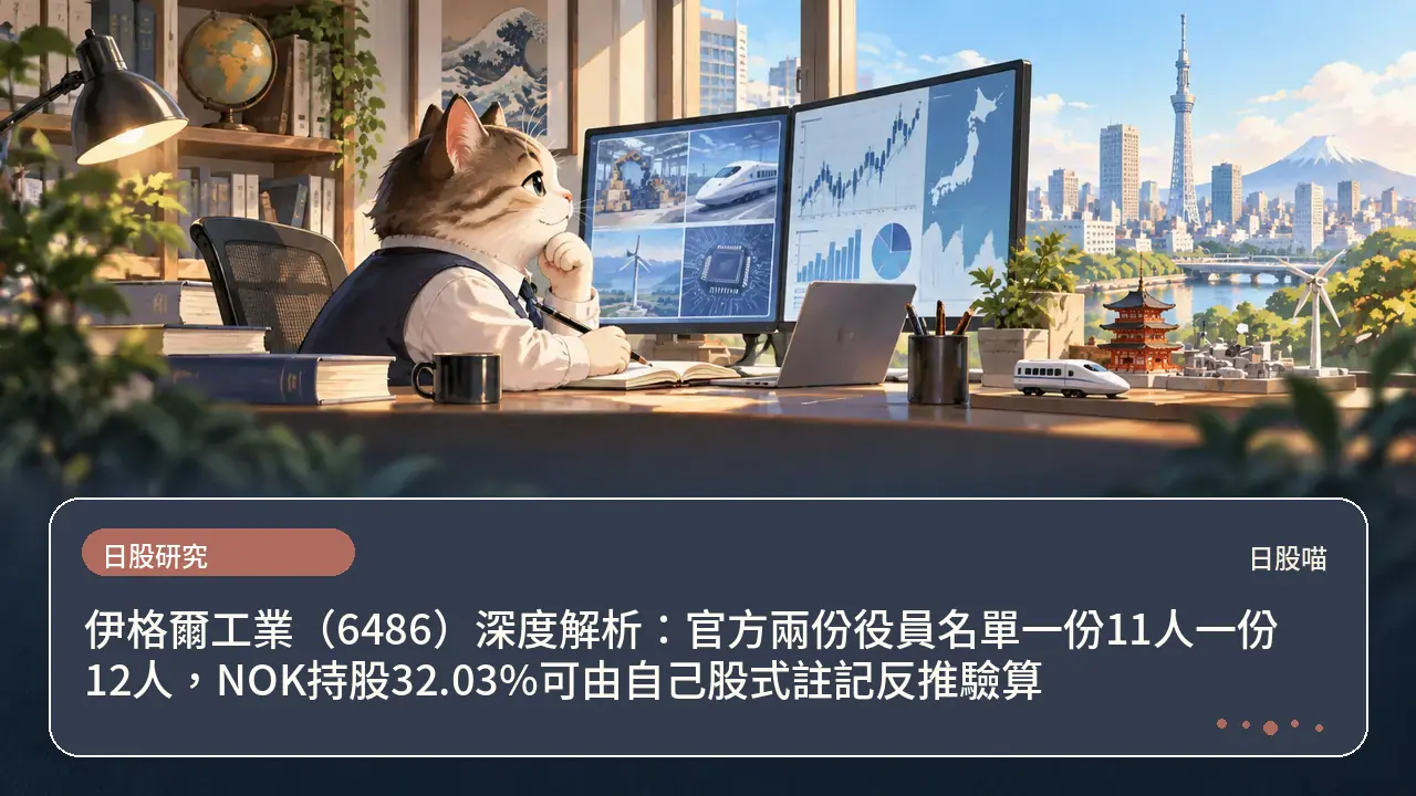 伊格爾工業(6486)深度解析:官方兩份役員名單一份11人一份12人,NOK持股32.03%可由自己股式註記反推驗算主題插畫