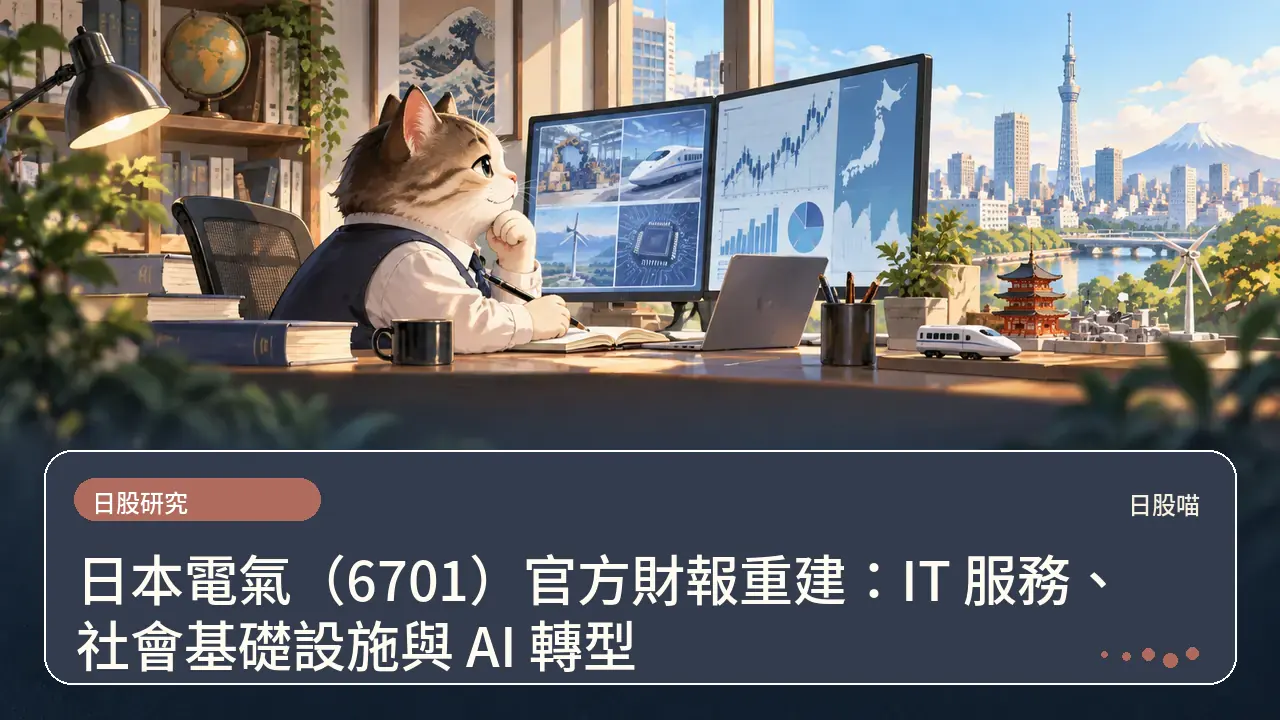 日本電氣(6701)官方財報重建:IT 服務、社會基礎設施與 AI 轉型主題插畫