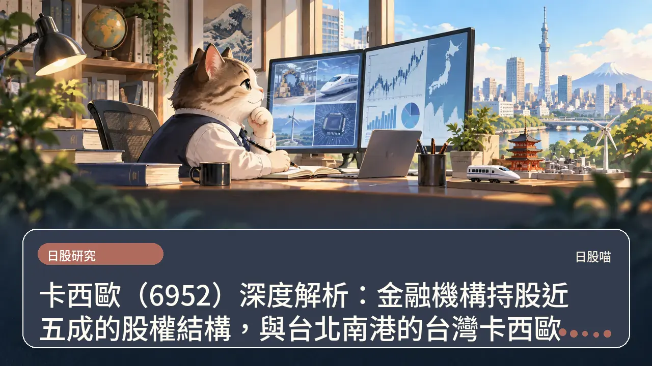 卡西歐（6952）深度解析：金融機構持股近五成的股權結構，與台北南港的台灣卡西歐主題插畫
