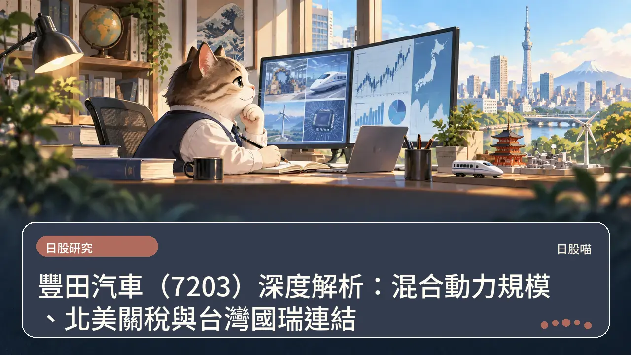 豐田汽車(7203)深度解析:混合動力規模、北美關稅與台灣國瑞連結主題插畫