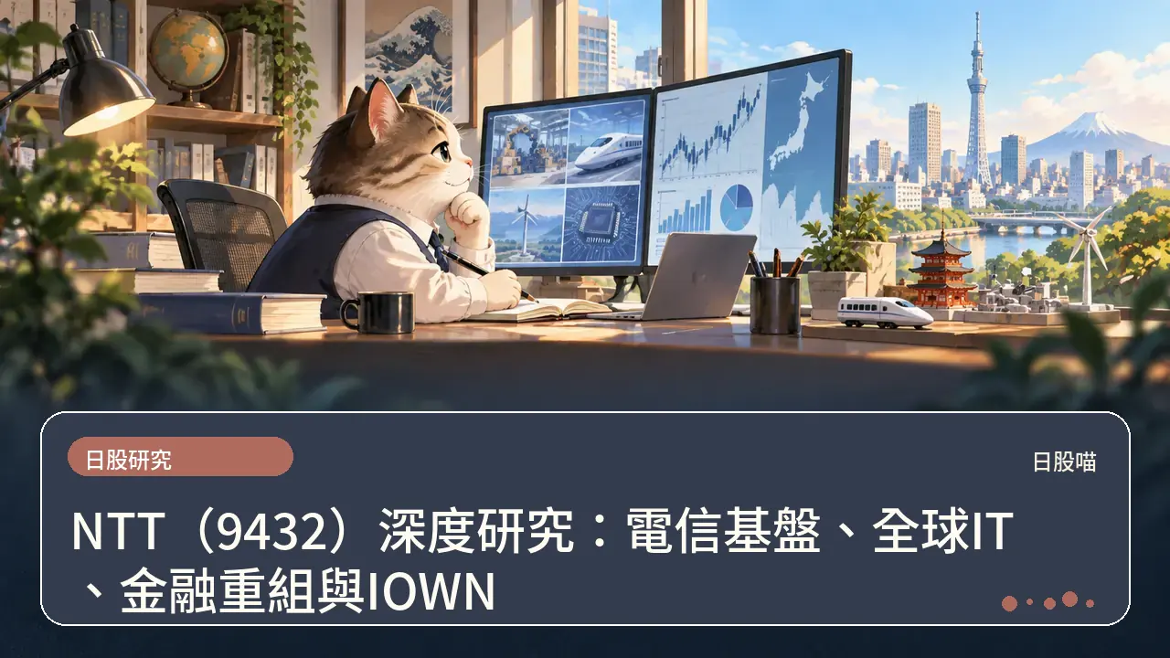 NTT(9432)深度研究:電信基盤、全球IT、金融重組與IOWN主題插畫
