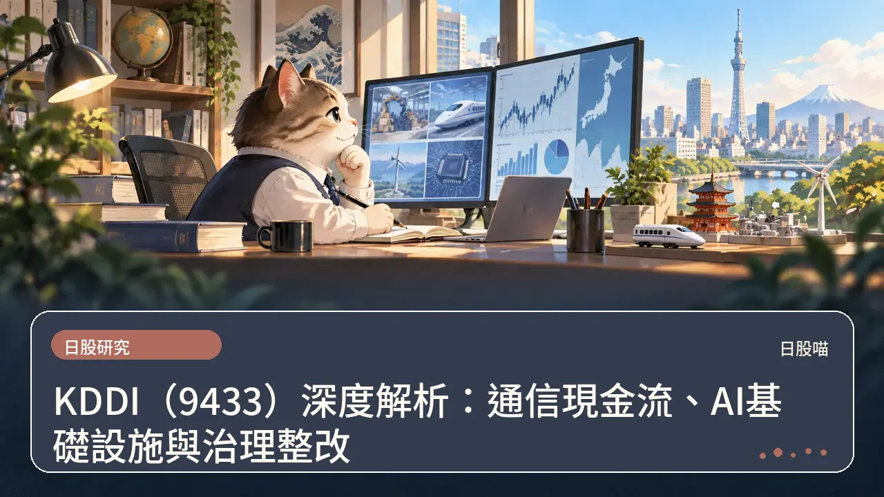 KDDI（9433）深度解析：通信現金流、AI基礎設施與治理整改主題插畫