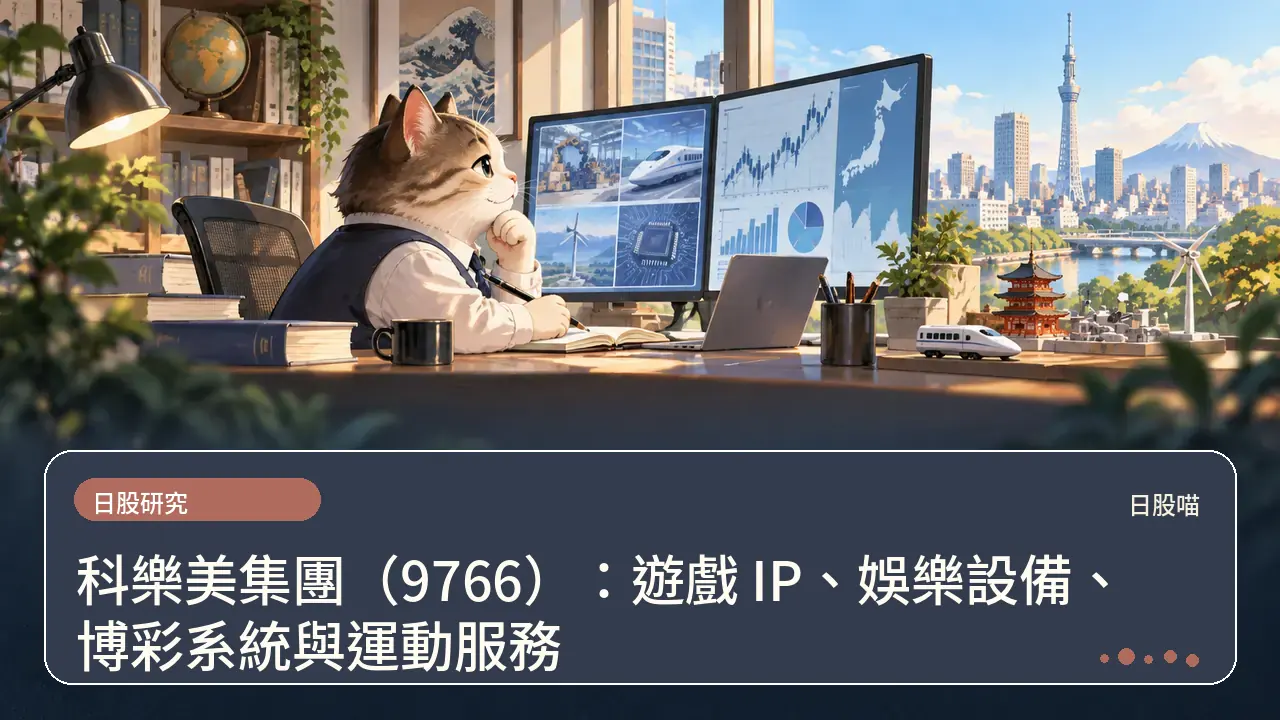 科樂美集團（9766）：遊戲 IP、娛樂設備、博彩系統與運動服務主題插畫