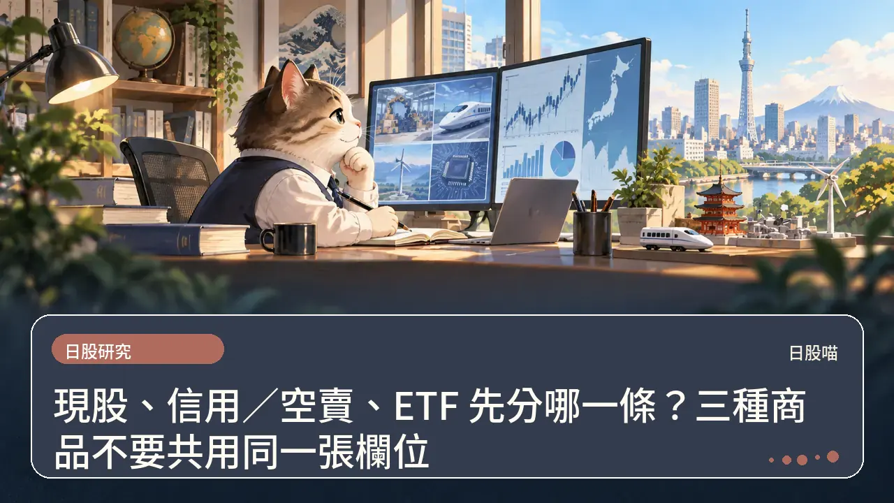 現股、信用/空賣、ETF 先分哪一條?三種商品不要共用同一張欄位主題插畫