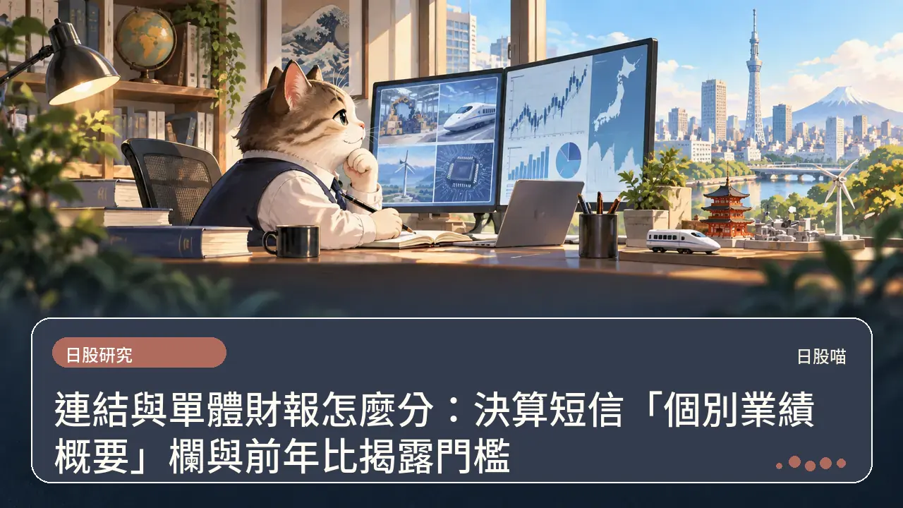連結與單體財報怎麼分:決算短信「個別業績概要」欄與前年比揭露門檻主題插畫