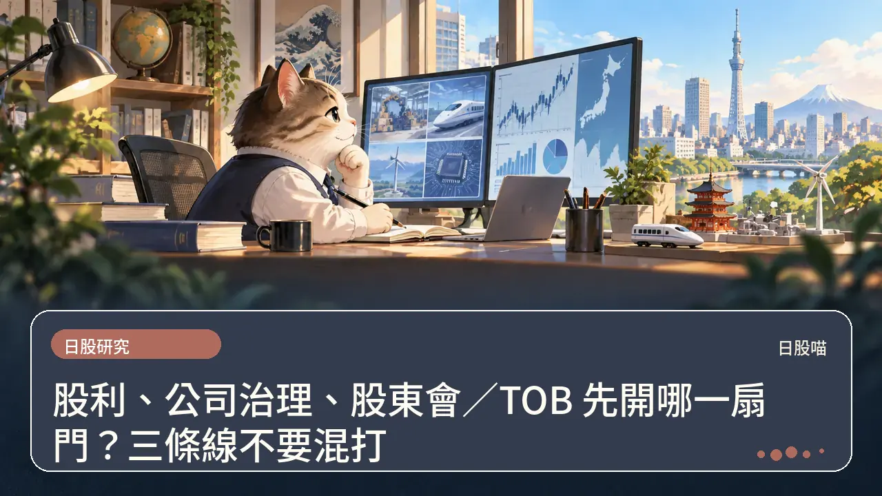 股利、公司治理、股東會／TOB 先開哪一扇門？三條線不要混打主題插畫