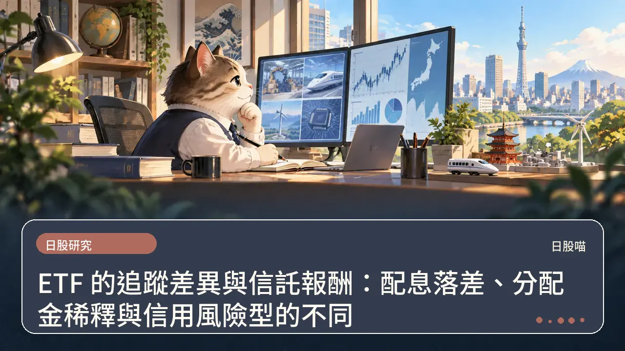 ETF 的追蹤差異與信託報酬：配息落差、分配金稀釋與信用風險型的不同主題插畫