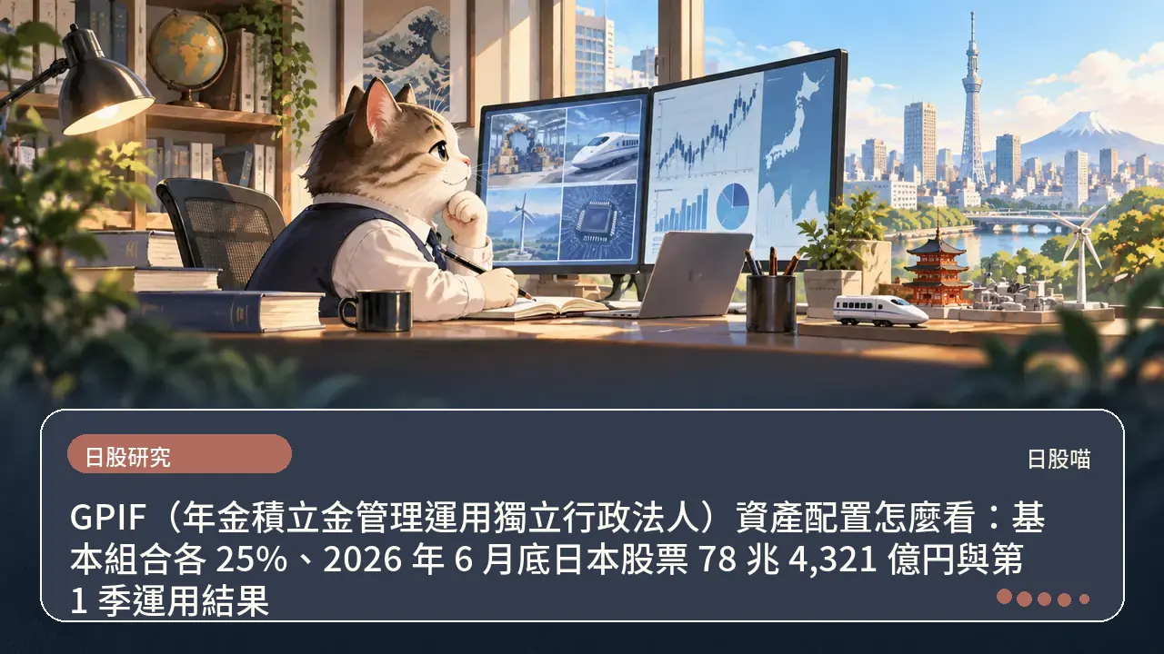 GPIF（年金積立金管理運用獨立行政法人）資產配置怎麼看：基本組合各 25%、2026 年 6 月底日本股票 78 兆 4,321 億円與第 1 季運用結果主題插畫