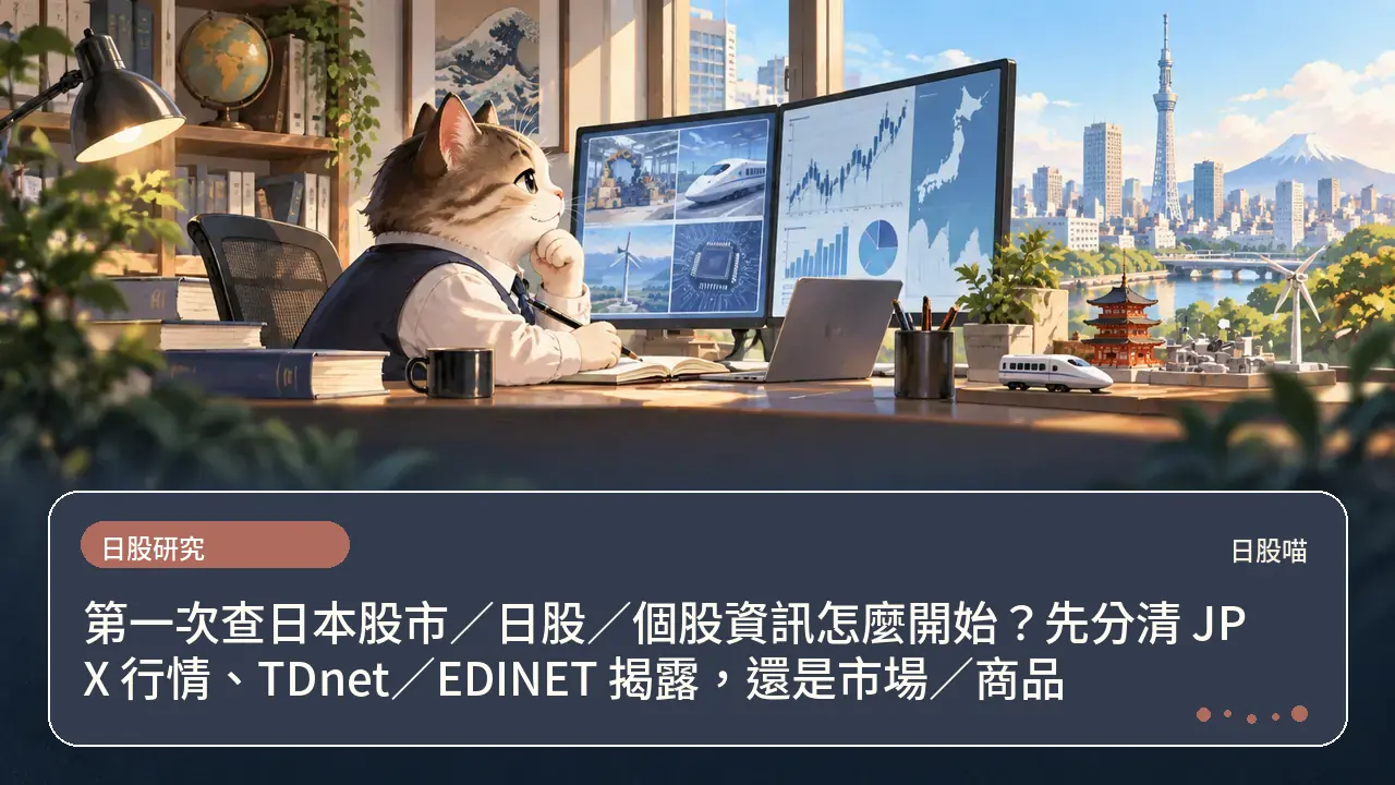第一次查日本股市／日股／個股資訊怎麼開始？先分清 JPX 行情、TDnet／EDINET 揭露，還是市場／商品主題插畫