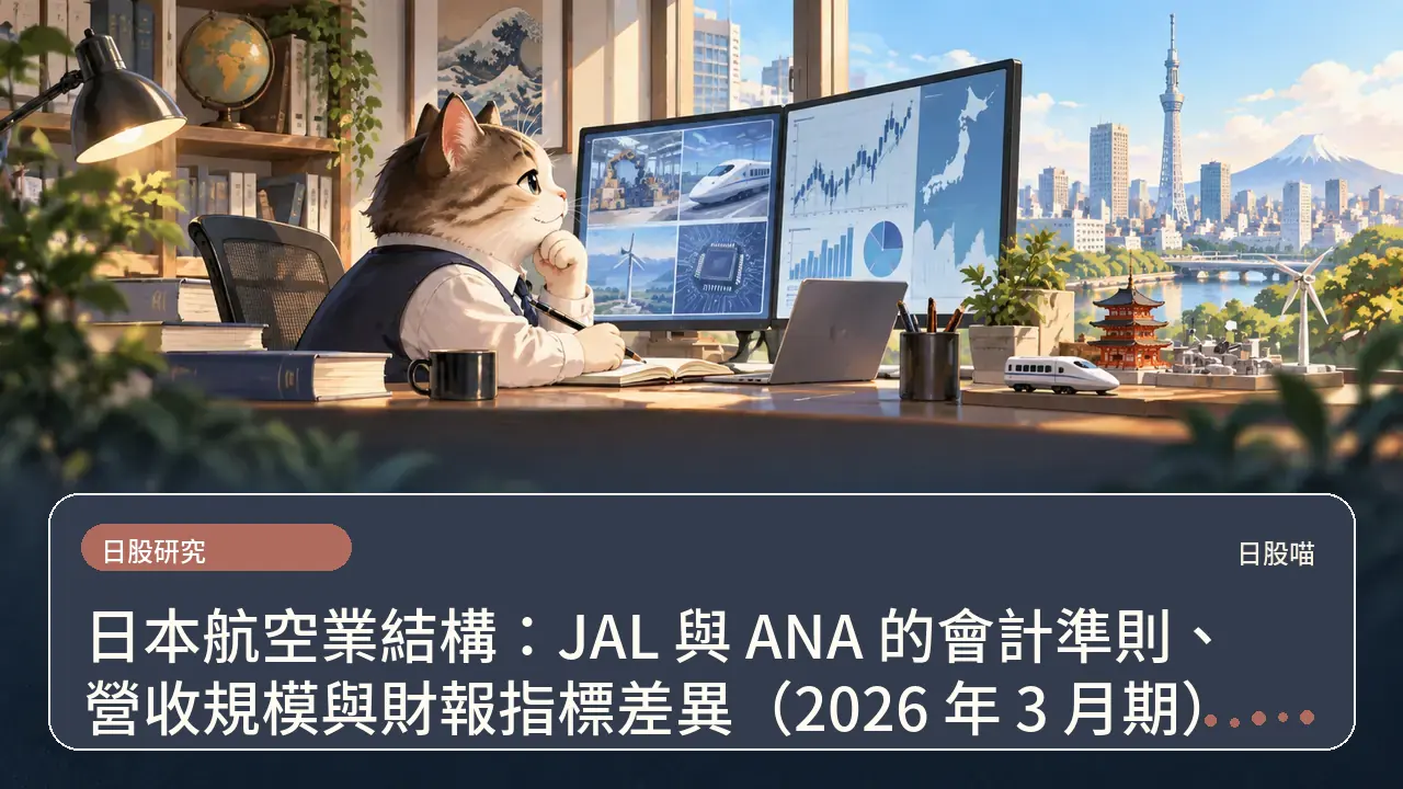 日本航空業結構：JAL 與 ANA 的會計準則、營收規模與財報指標差異（2026 年 3 月期）主題插畫