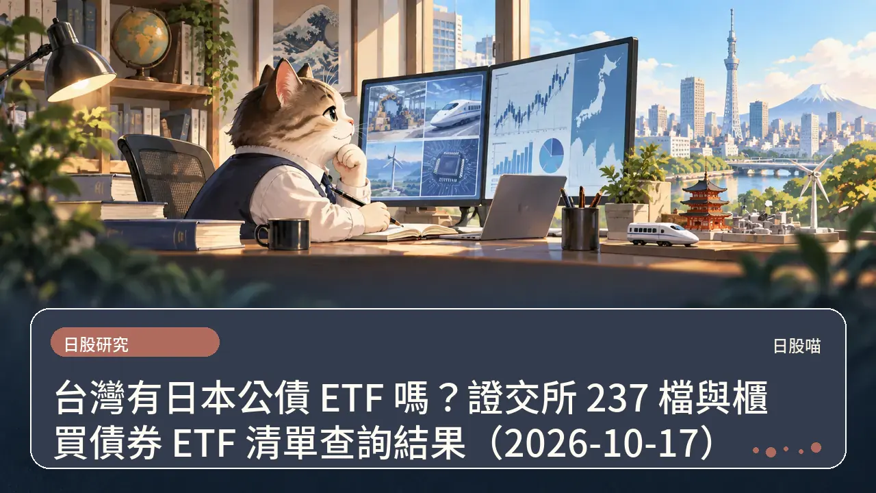 台灣有日本公債 ETF 嗎？證交所 237 檔與櫃買債券 ETF 清單查詢結果（2026-10-17）主題插畫