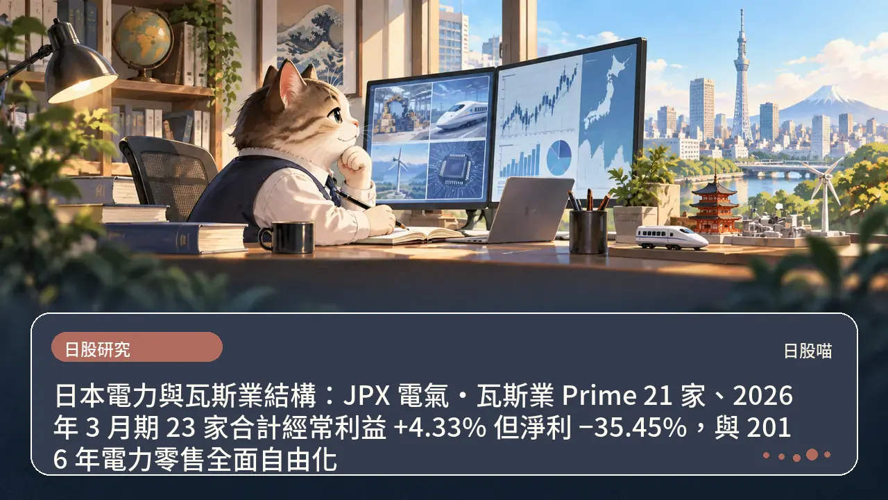日本電力與瓦斯業結構：JPX 電氣・瓦斯業 Prime 21 家、2026 年 3 月期 23 家合計經常利益 +4.33% 但淨利 −35.45%，與 2016 年電力零售全面自由化主題插畫
