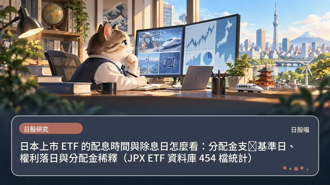 日本上市 ETF 的配息時間與除息日怎麼看：分配金支払基準日、權利落日與分配金稀釋（JPX ETF 資料庫 454 檔統計）主題插畫