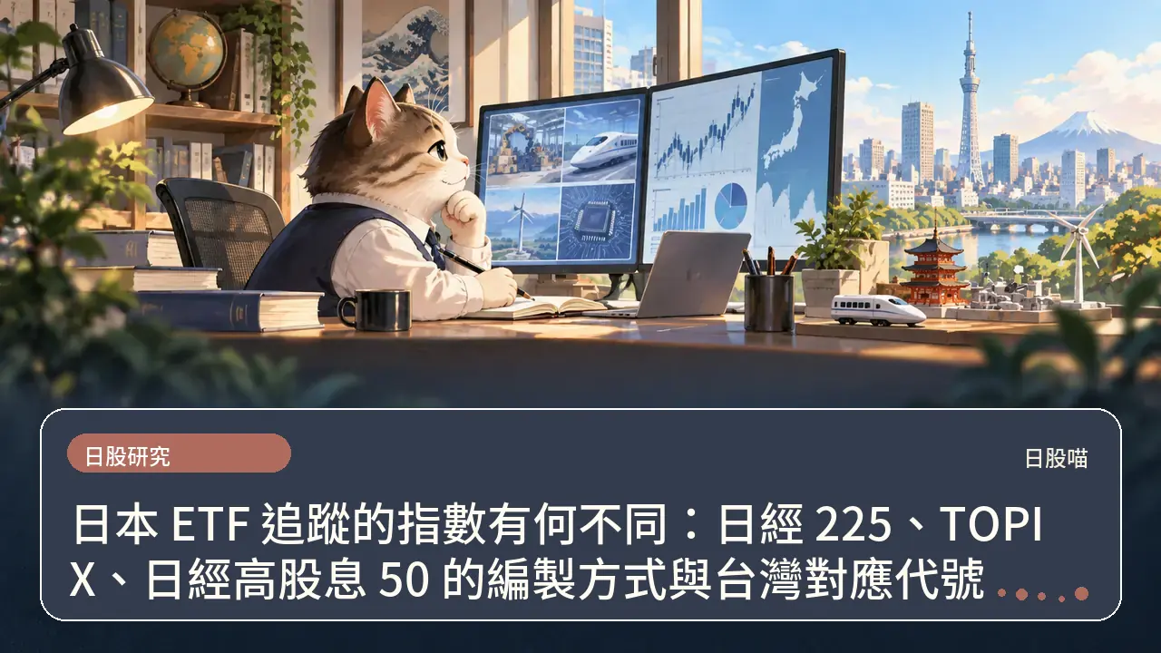 日本 ETF 追蹤的指數有何不同：日經 225、TOPIX、日經高股息 50 的編製方式與台灣對應代號主題插畫