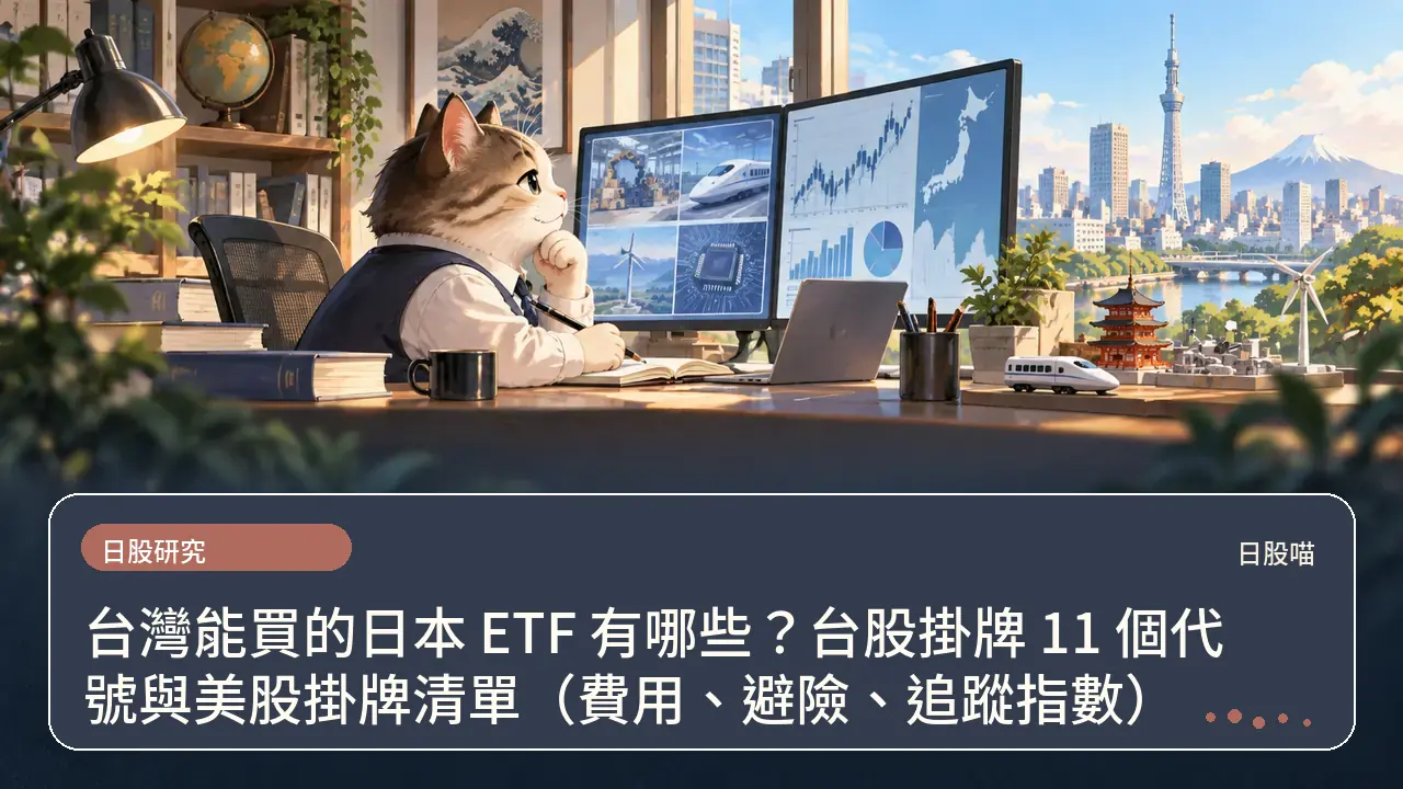 台灣能買的日本 ETF 有哪些?台股掛牌 11 個代號與美股掛牌清單(費用、避險、追蹤指數)主題插畫