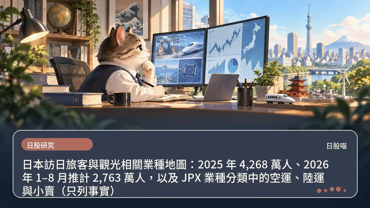 日本訪日旅客與觀光相關業種地圖：2025 年 4,268 萬人、2026 年 1–8 月推計 2,763 萬人，以及 JPX 業種分類中的空運、陸運與小賣（只列事實）主題插畫