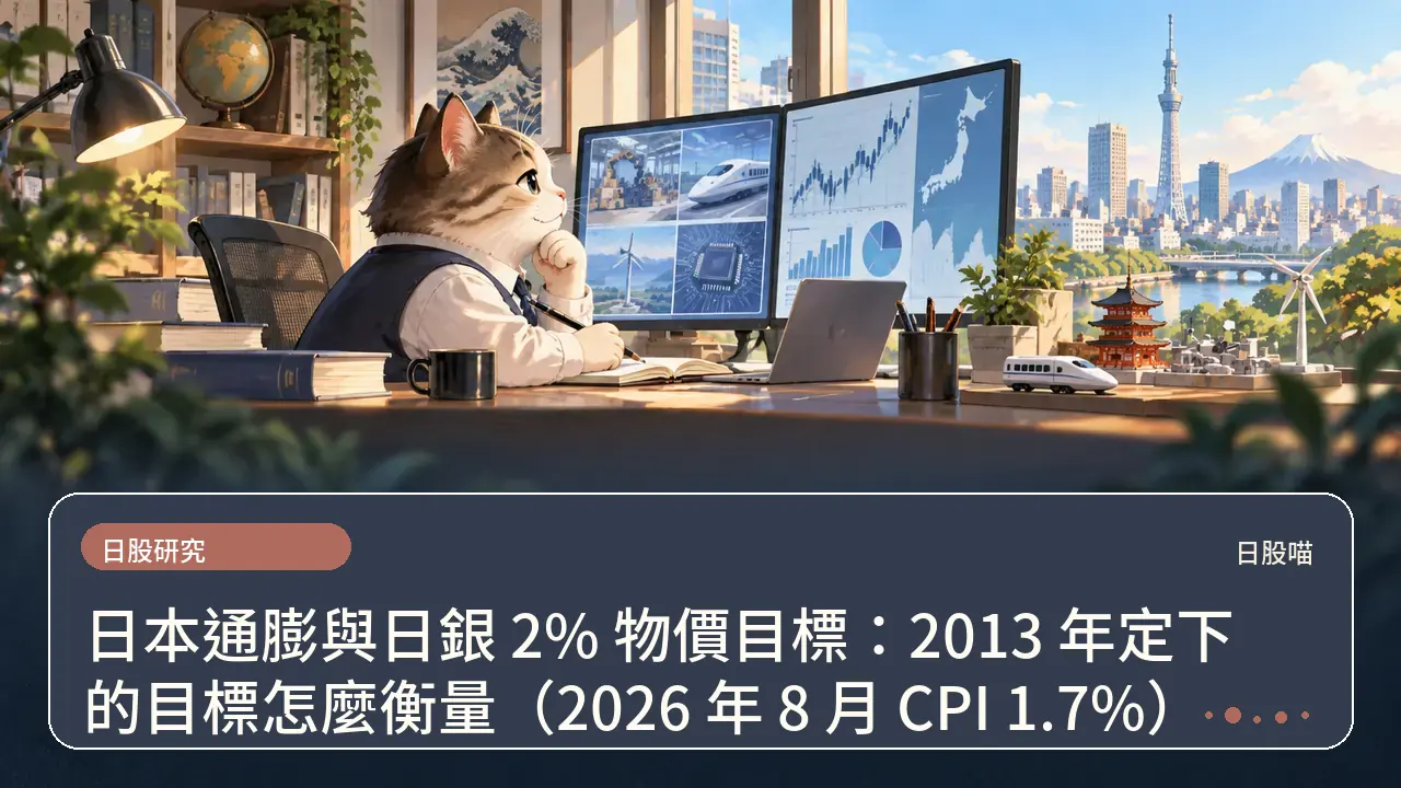日本通膨與日銀 2% 物價目標:2013 年定下的目標怎麼衡量(2026 年 8 月 CPI 1.7%)主題插畫