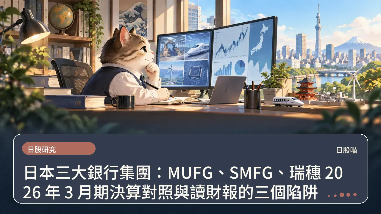 日本三大銀行集團：MUFG、SMFG、瑞穗 2026 年 3 月期決算對照與讀財報的三個陷阱主題插畫