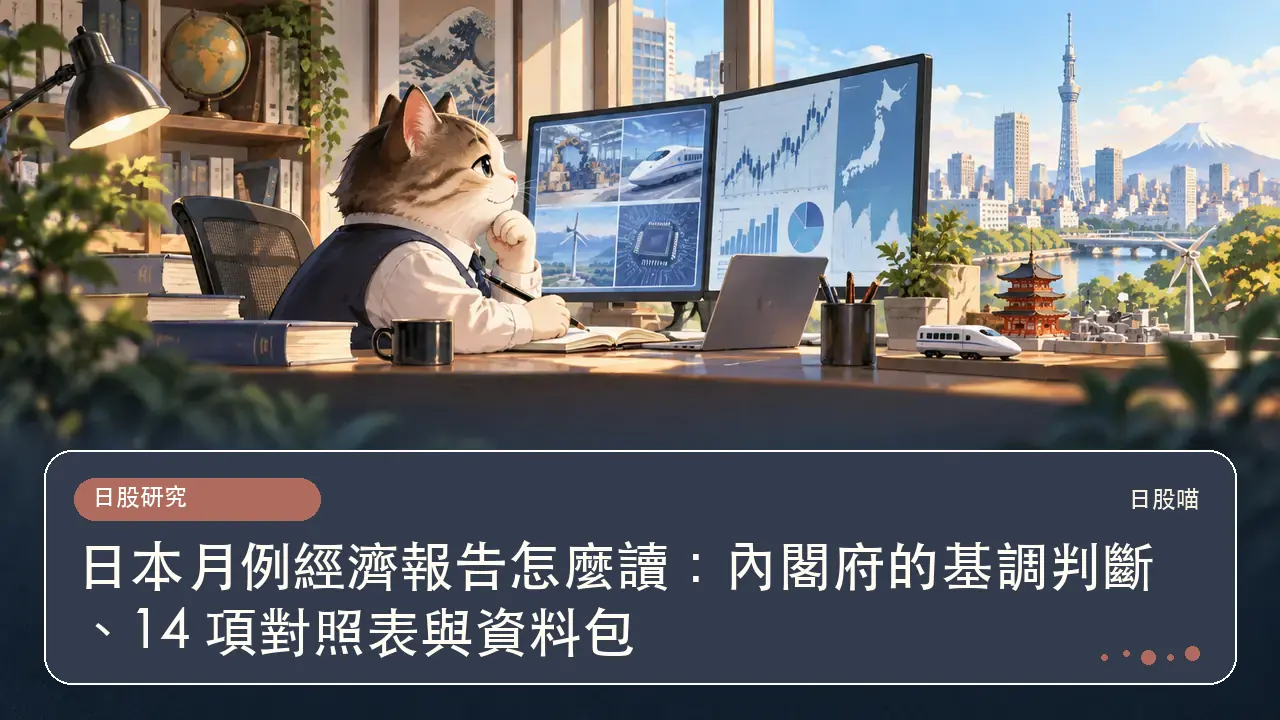 日本月例經濟報告怎麼讀:內閣府的基調判斷、14 項對照表與資料包主題插畫