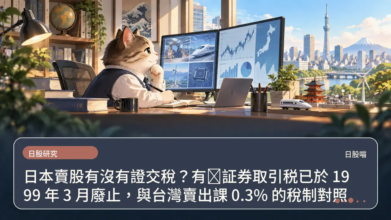 日本賣股有沒有證交稅？有価証券取引税已於 1999 年 3 月廢止，與台灣賣出課 0.3% 的稅制對照主題插畫