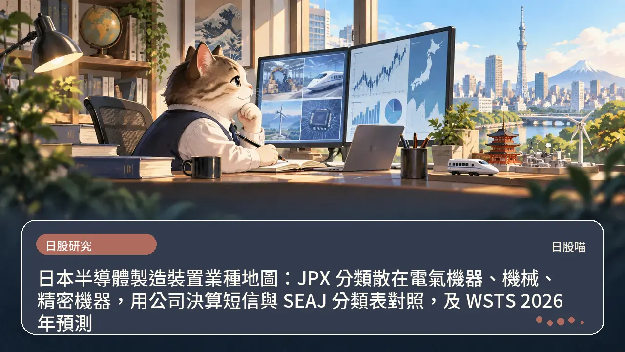 日本半導體製造裝置業種地圖：JPX 分類散在電氣機器、機械、精密機器，用公司決算短信與 SEAJ 分類表對照，及 WSTS 2026 年預測主題插畫
