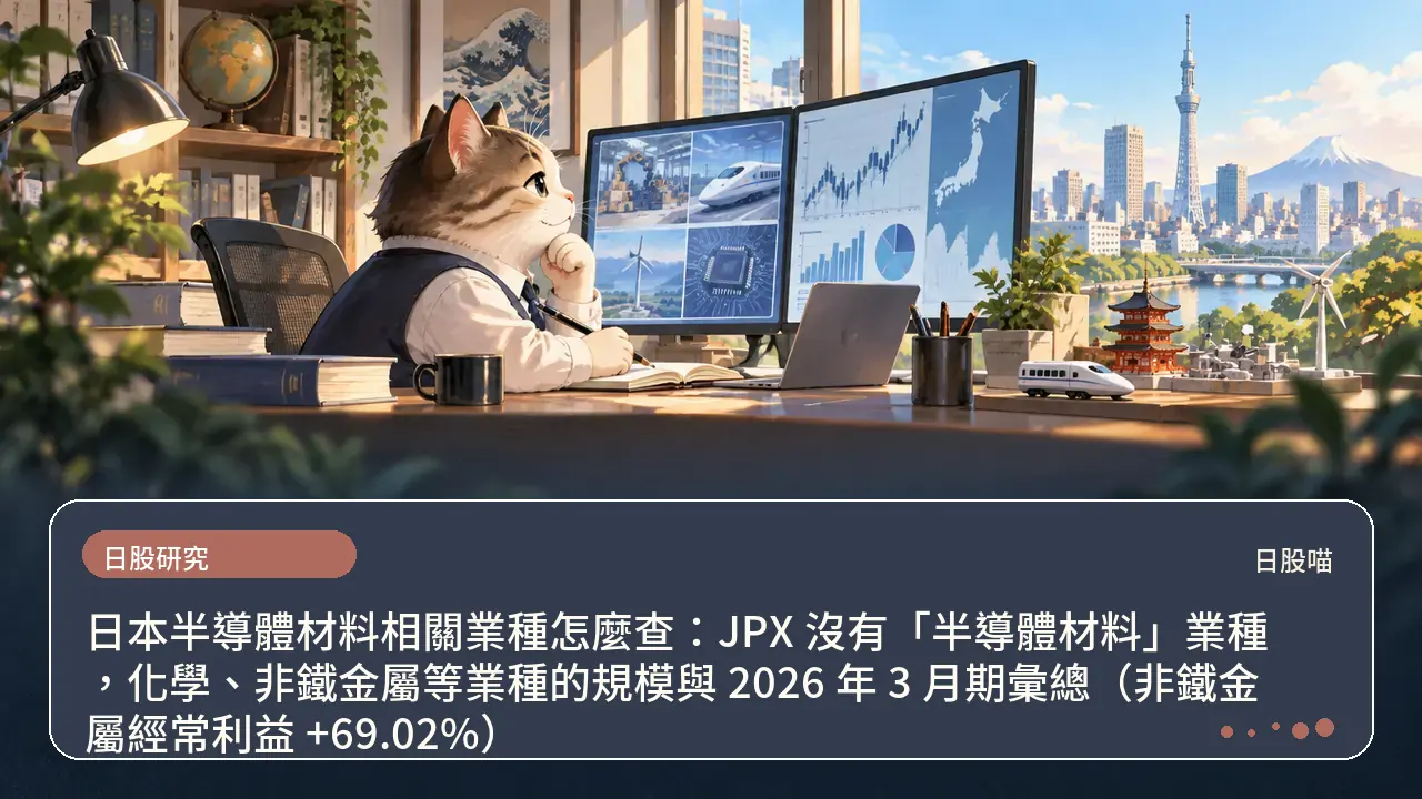 日本半導體材料相關業種怎麼查：JPX 沒有「半導體材料」業種，化學、非鐵金屬等業種的規模與 2026 年 3 月期彙總（非鐵金屬經常利益 +69.02%）主題插畫