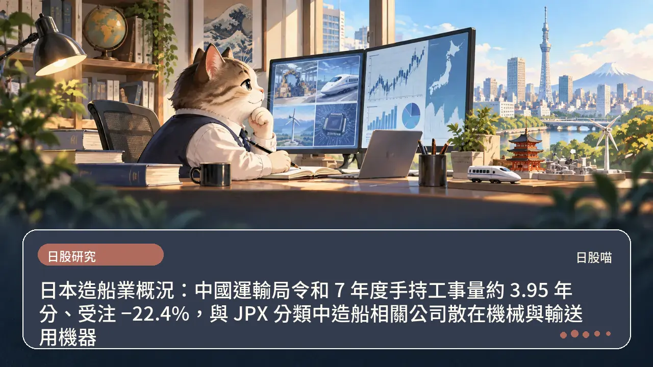 日本造船業概況：中國運輸局令和 7 年度手持工事量約 3.95 年分、受注 −22.4%，與 JPX 分類中造船相關公司散在機械與輸送用機器主題插畫