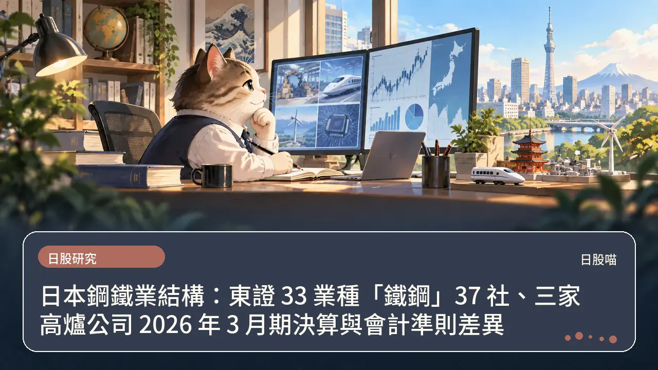 日本鋼鐵業結構:東證 33 業種「鐵鋼」37 社、三家高爐公司 2026 年 3 月期決算與會計準則差異主題插畫