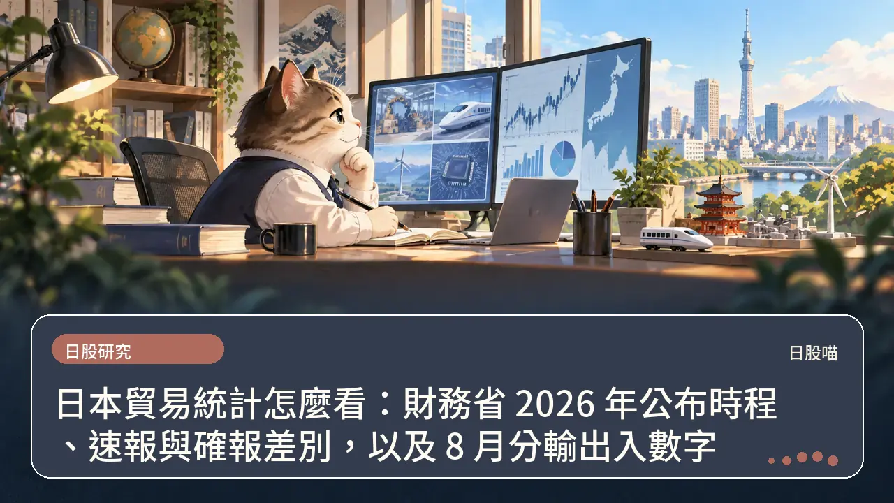 日本貿易統計怎麼看：財務省 2026 年公布時程、速報與確報差別，以及 8 月分輸出入數字主題插畫