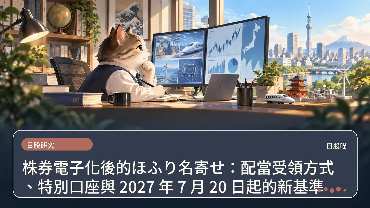 株券電子化後的ほふり名寄せ：配當受領方式、特別口座與 2027 年 7 月 20 日起的新基準主題插畫