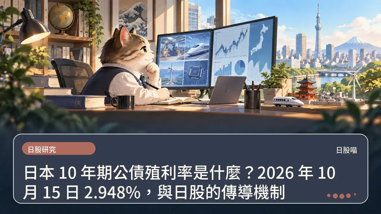 日本 10 年期公債殖利率是什麼?2026 年 10 月 15 日 2.948%,與日股的傳導機制主題插畫