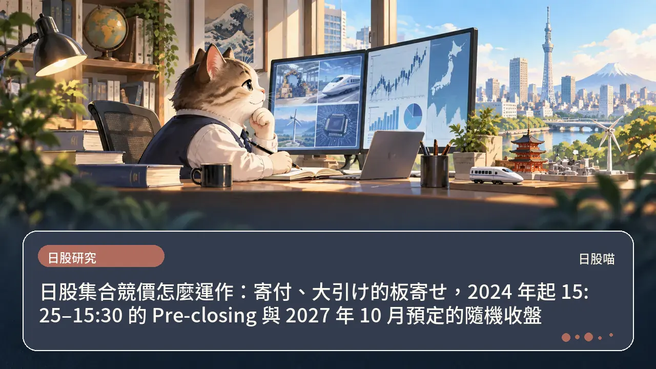 日股集合競價怎麼運作：寄付、大引け的板寄せ，2024 年起 15:25–15:30 的 Pre-closing 與 2027 年 10 月預定的隨機收盤主題插畫