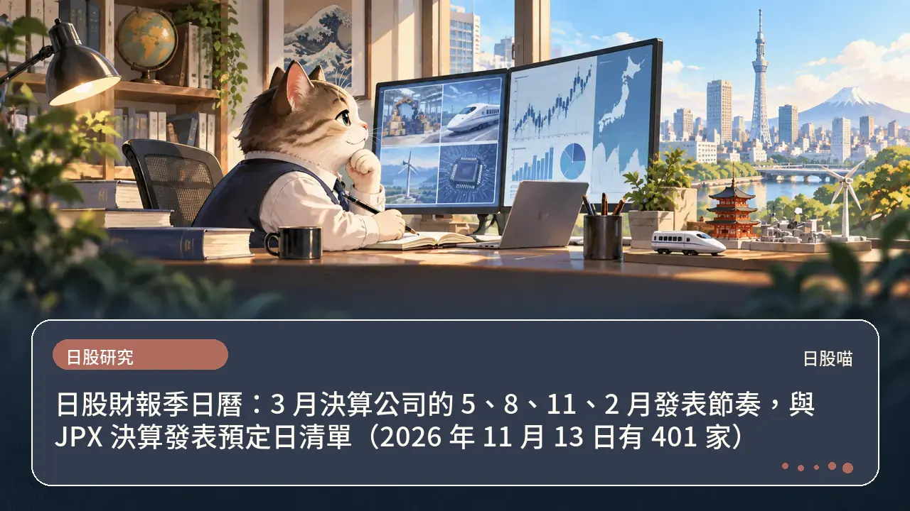 日股財報季日曆：3 月決算公司的 5、8、11、2 月發表節奏，與 JPX 決算發表預定日清單（2026 年 11 月 13 日有 401 家）主題插畫