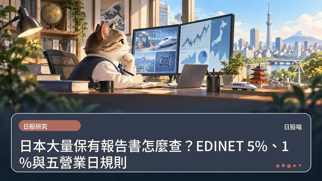 日本大量保有報告書怎麼查?EDINET 5%、1%與五營業日規則主題插畫