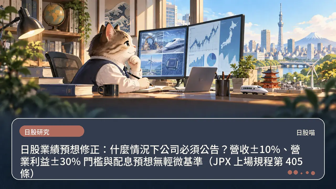 日股業績預想修正:什麼情況下公司必須公告?營收±10%、營業利益±30% 門檻與配息預想無輕微基準(JPX 上場規程第 405 條)主題插畫