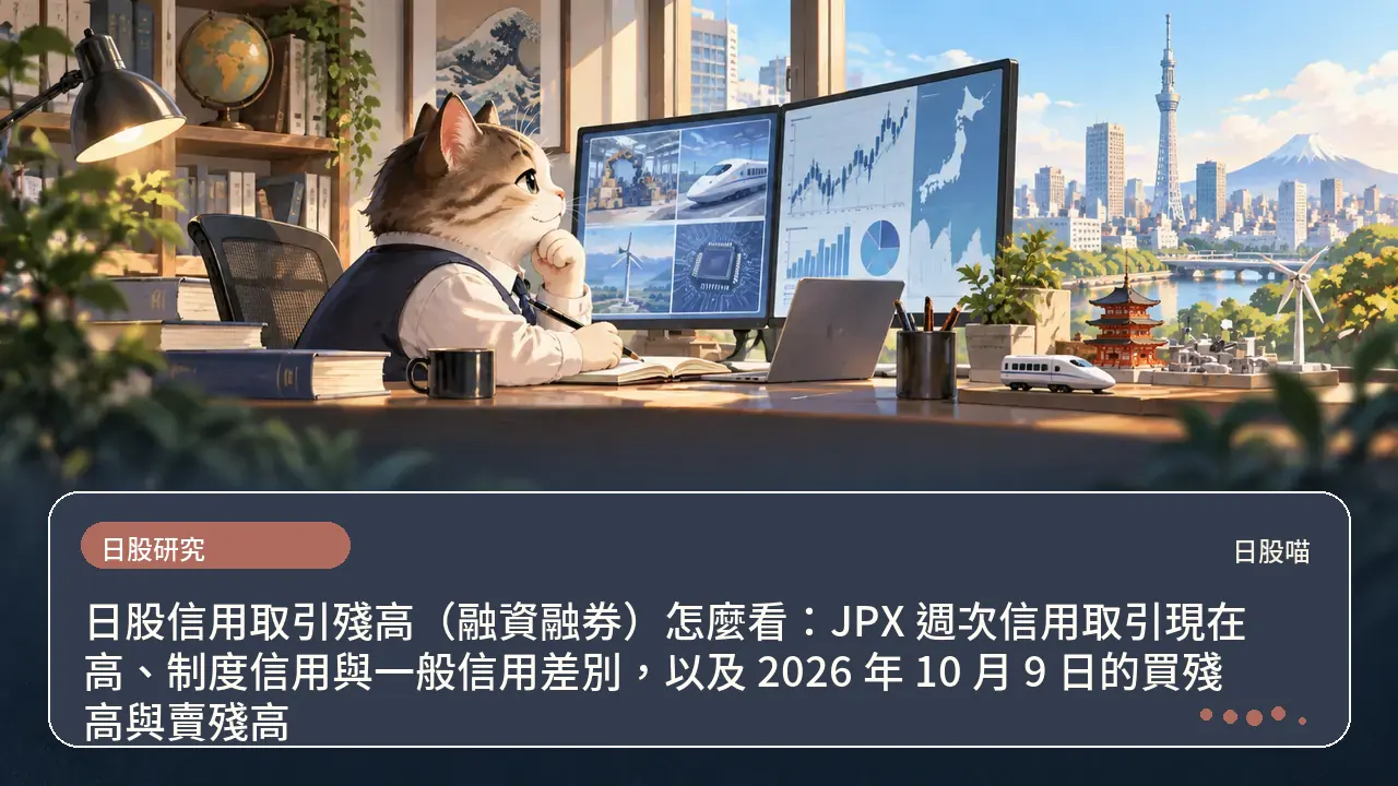 日股信用取引殘高（融資融券）怎麼看：JPX 週次信用取引現在高、制度信用與一般信用差別，以及 2026 年 10 月 9 日的買殘高與賣殘高主題插畫