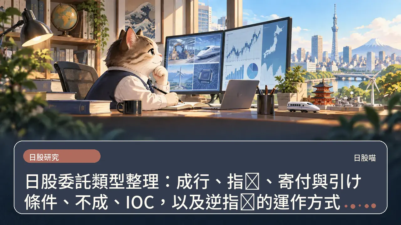 日股委託類型整理：成行、指値、寄付與引け條件、不成、IOC，以及逆指値的運作方式主題插畫