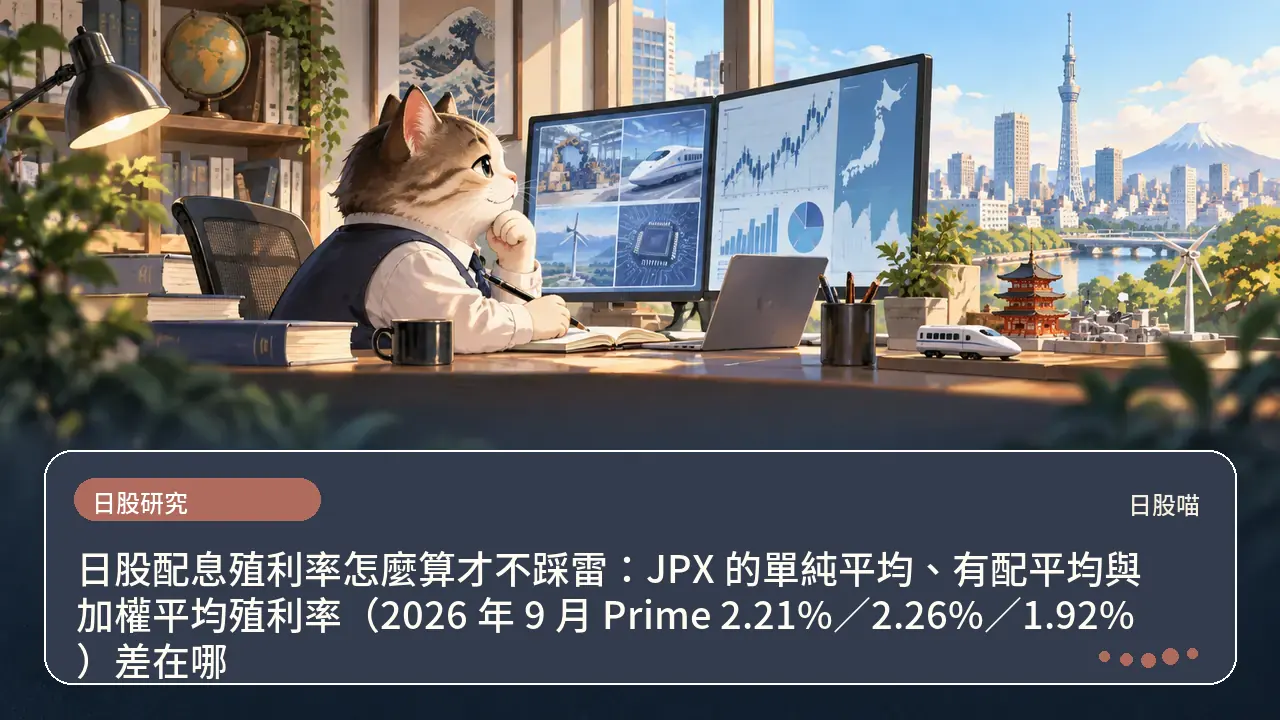 日股配息殖利率怎麼算才不踩雷:JPX 的單純平均、有配平均與加權平均殖利率(2026 年 9 月 Prime 2.21%/2.26%/1.92%)差在哪主題插畫
