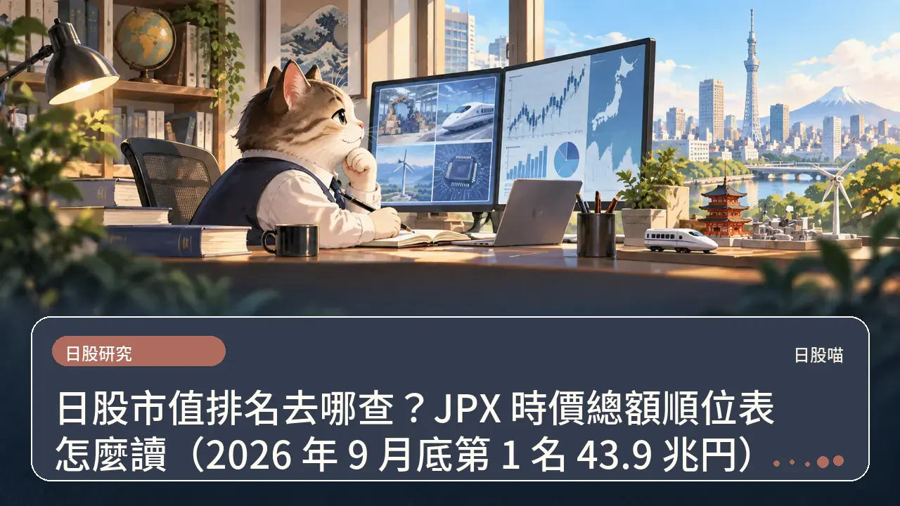 日股市值排名去哪查？JPX 時價總額順位表怎麼讀（2026 年 9 月底第 1 名 43.9 兆円）主題插畫