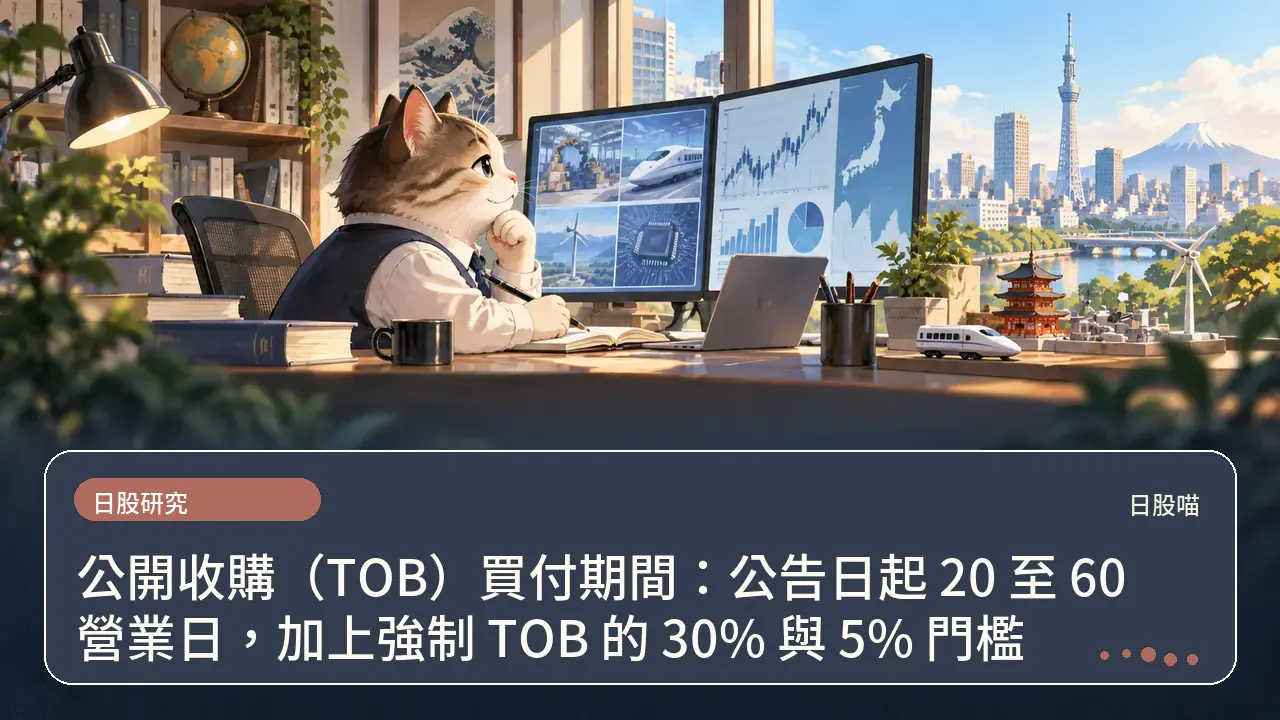 公開收購（TOB）買付期間：公告日起 20 至 60 營業日，加上強制 TOB 的 30% 與 5% 門檻主題插畫