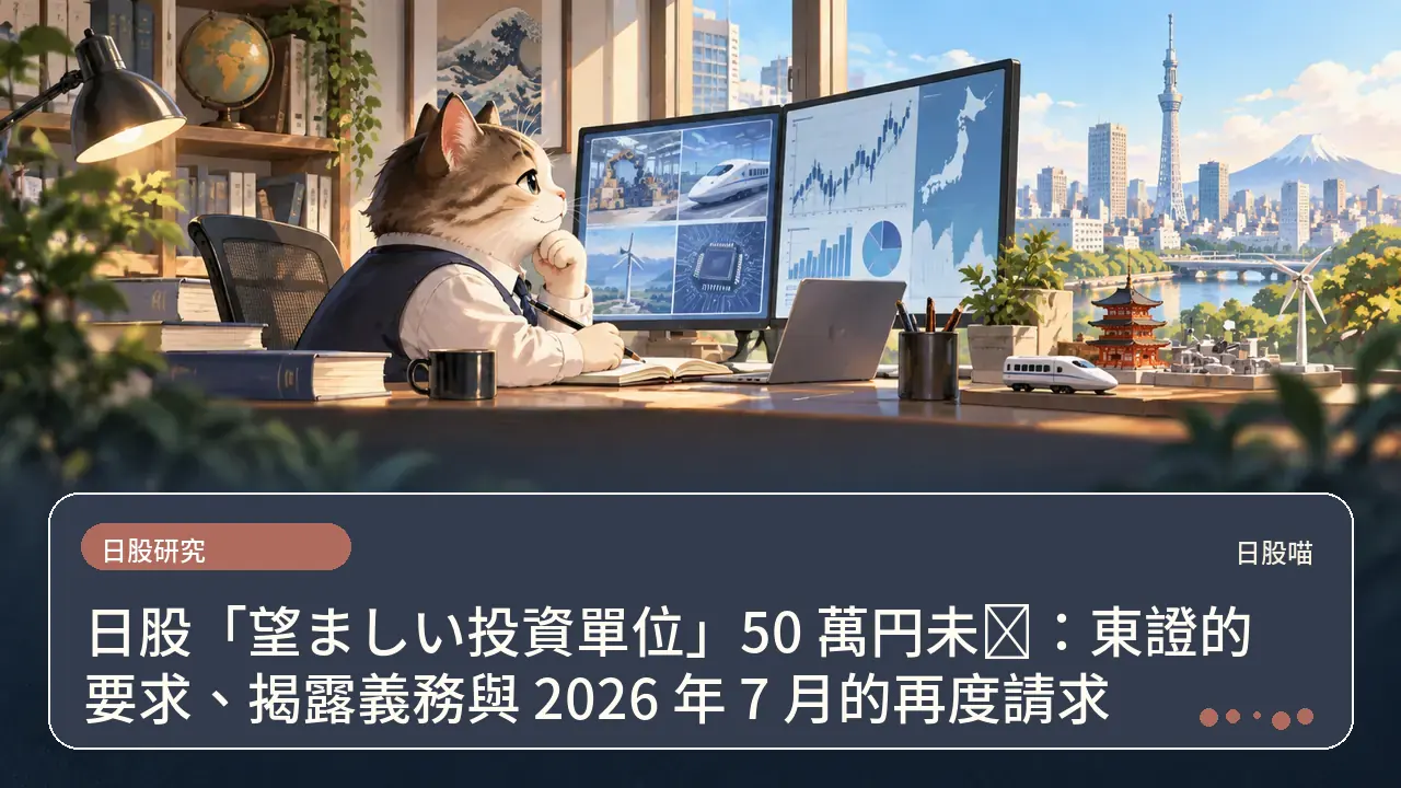 日股「望ましい投資單位」50 萬円未満：東證的要求、揭露義務與 2026 年 7 月的再度請求主題插畫